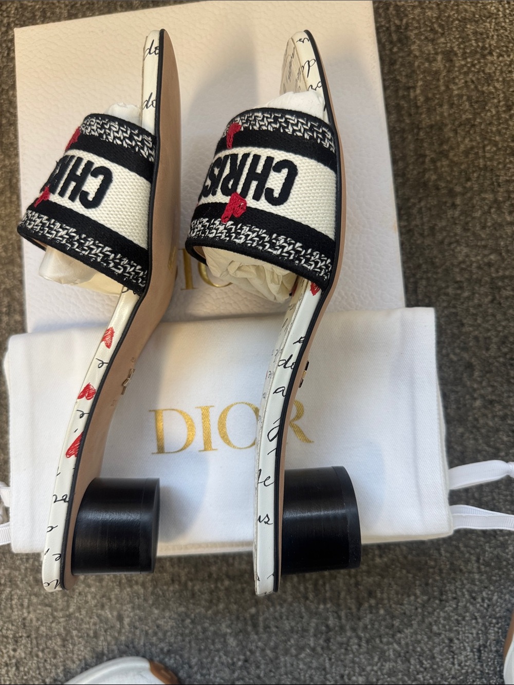 Dior White Script Slide Sandals with Black and Red Logo Band - Picture 2 of 5